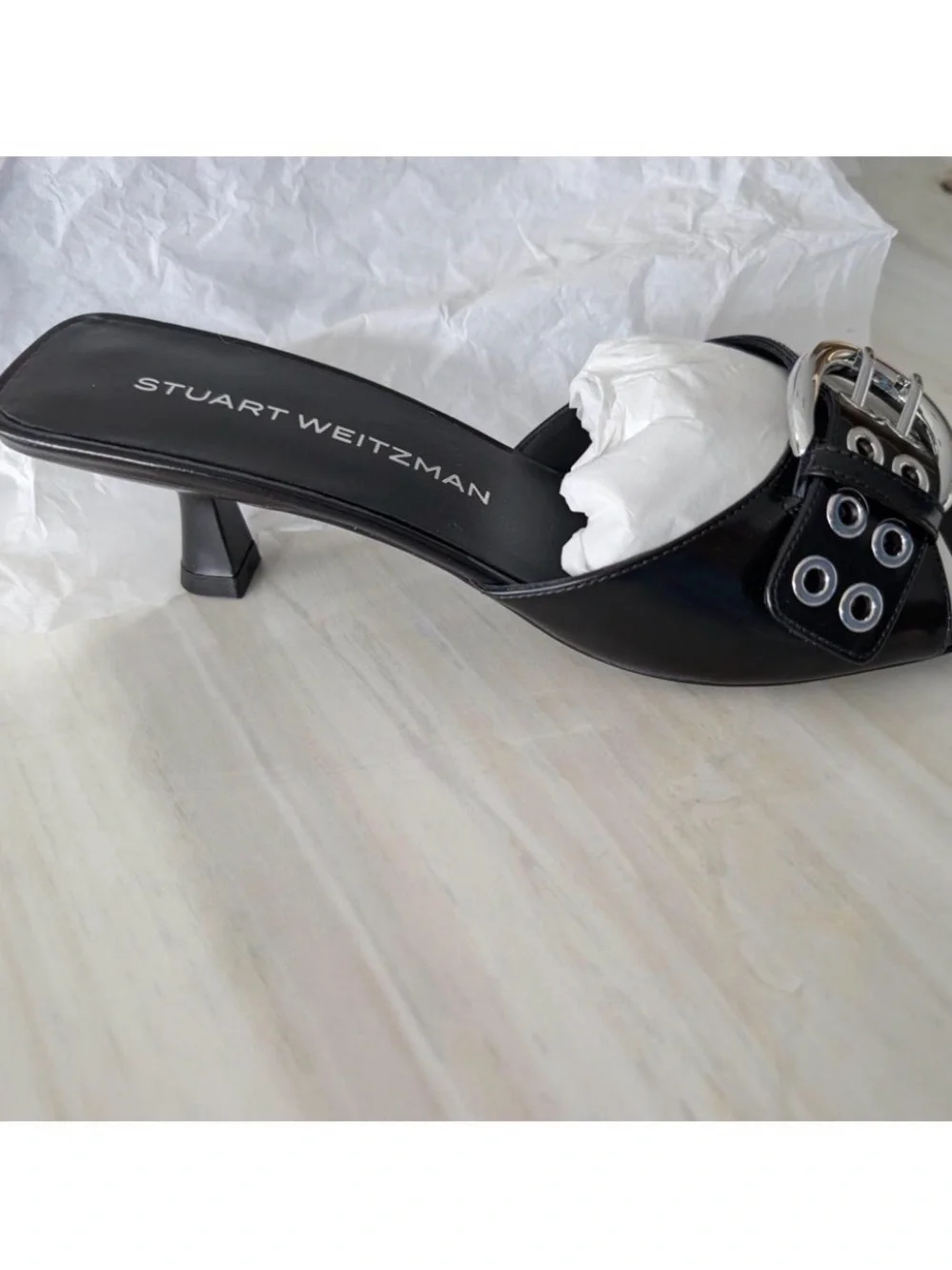 Stuart Weitzman Black Leather Grommet Buckle Kitten Heel Mule